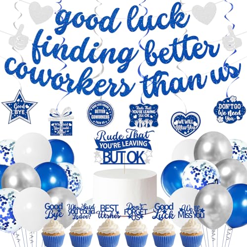 Roetyce Abschiedsdekorationen für Kollegen, Blau / Silber "Good Luck Findet Better Coworkers Than Us", Banner Kuchendekoration, Luftballons, hängende Wirbel, Blau zum Abschied, Abschied, Partyzubehör Roetyce Abschiedsdekorationen für Kollegen, Blau / Silber "Good Luck Findet Better Coworkers Than Us", Banner Kuchendekoration, Luftballons, hängende Wirbel, Blau zum Abschied, Abschied, Partyzubehör von Roetyce