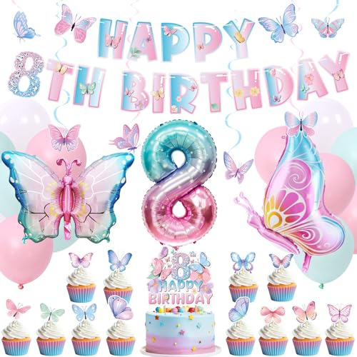 Roetyce Dekoration zum 8. Geburtstag für Mädchen, Schmetterlingsbanner zum 8. Geburtstag, Luftballons, hängende Siwrls-Kuchenaufsatz-Set, Farbverlauf, Rosa, bunt, Partyzubehör für 8 Jahre Roetyce Dekoration zum 8. Geburtstag für Mädchen, Schmetterlingsbanner zum 8. Geburtstag, Luftballons, hängende Siwrls-Kuchenaufsatz-Set, Farbverlauf, Rosa, bunt, Partyzubehör für 8 Jahre von Roetyce