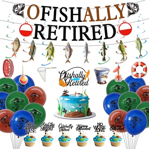 Roetyce Ofishally Retirement Party Decorations Men Women, Retired Banner Balloons Cake Topper Hanging Swirls Kit, Fishing Themed Happy Retirement Party Supplies for Coworker von Roetyce