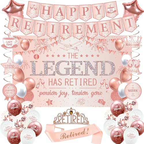 Roetyce Partydekorationen für den Ruhestand, Roségold, "Happy Retirement", Banner, Hintergrundballons, hängende Wirbel für Kollegen, Familie, rosa Lengend hat Schärpe und Krone, Büro-Hintergrund von Roetyce