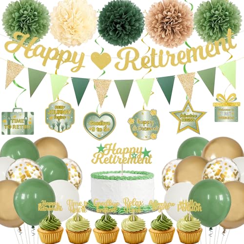 Roetyce Partydekorationen für den Ruhestand, für Damen und Herren, Grün "Happy Retirement", Banner, Luftballons, Kuchendekoration, hängende Wirbel, Pompons, Set, Salbeigrün, Büro, Ruhestand Roetyce Partydekorationen für den Ruhestand, für Damen und Herren, Grün "Happy Retirement", Banner, Luftballons, Kuchendekoration, hängende Wirbel, Pompons, Set, Salbeigrün, Büro, Ruhestand von Roetyce