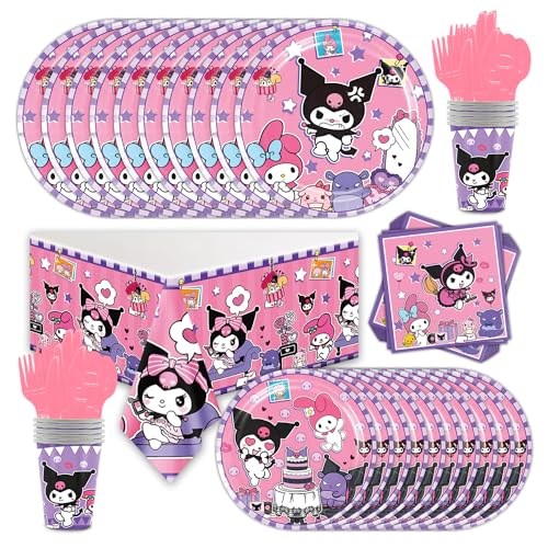 Roffatide 81 PCs Cute Melody Anime Party Teller und Tassen und Servietten-Sets für Mädchen Jungen Geburtstag Kawaii Party Supplies ,Anime Cosplay Mädchen Geburtstag Dekorationen Serves 10 Guests von Roffatide