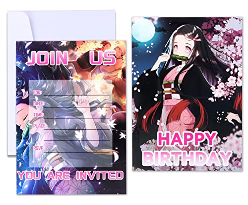 Roffatide Anime Einladungskarten Kamado Nezuko Happy Birthday Supplies 16 PCS Füllen Sie Einladungen mit Umschlägen für Mädchen und Jungen 5x7 Zoll aus von Roffatide