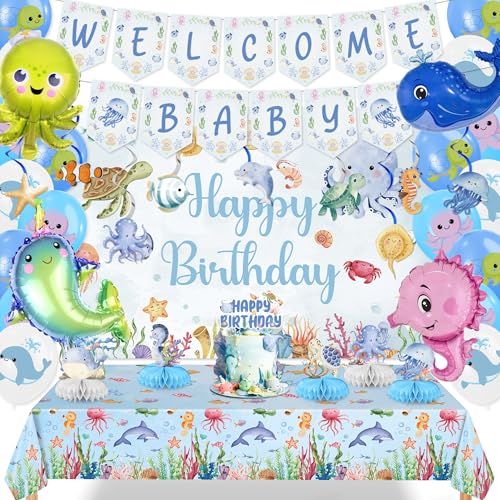 Geburtstagsparty-Dekoration für Babypartys unter dem Meer – 40 Stück Ozean-Tier-Themen-Geburtstagsparty-Zubehör – inklusive Hintergrund, Tischdecke, Waben-Mittelstücke, Luftballons für Kinderpartys Geburtstagsparty-Dekoration für Babypartys unter dem Meer – 40 Stück Ozean-Tier-Themen-Geburtstagsparty-Zubehör – inklusive Hintergrund, Tischdecke, Waben-Mittelstücke, Luftballons für Kinderpartys von Roilui