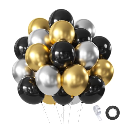 Luftballons Schwarze Gold Set, 60 Stück Schwarze Gold Silber Luftballons Schwarze Silber Gold Party Latex Ballons für Geburtstag Babyparty Graduierung Hochzeit Verlobung Neujahr Party Deko von Roimylie