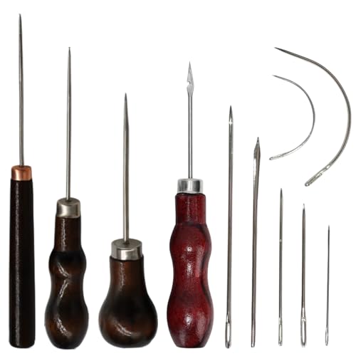 3 Stück Ahle Werkzeug,Prickelnadel Ahle mit Holzgriff,DIY Lederhandwerk Vorstecher,Locher Ahle Werkzeug mit ösenbohrkegel und Nähnadel,zum Nähen Oder Reparieren von Canvas Papier Leder Stoff von Roinaid