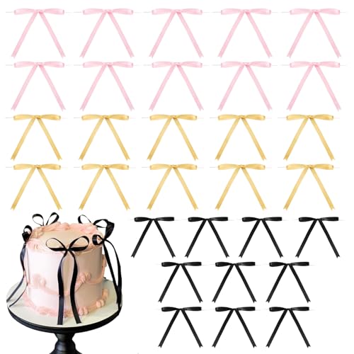30 Stück Cupcake-Topper mit Schleife,Schleifenband Bögen Tortenaufleger,Schleife Torten Deko,für Brautpartys,Babypartys,Kuchen-und Dessertpicker-Dekoration(Schwarz+Pink+Champagner) von Roinaid