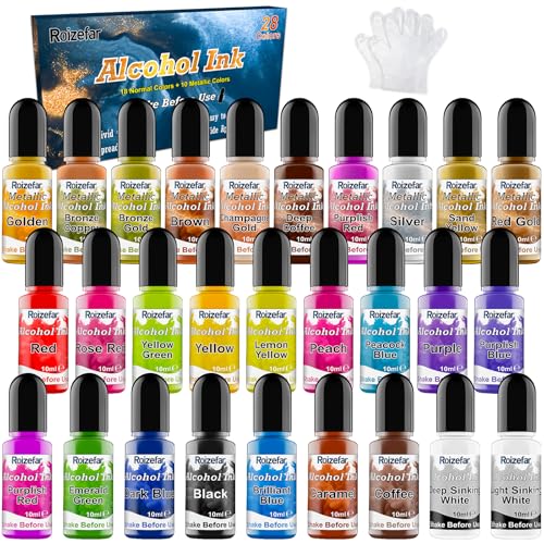 Roizefar Alkohol Tinten set – 28 Alcohol Ink Farben, Harzfarbe, konzentrierte, Tinte auf Alkoholbasis, Alcohol Ink Epoxidharz farbe für Untersetzer, Acrylmalerei, Becherherstellung, je 10 ml von Roizefar