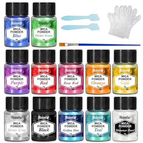 Epoxidharz Farbe Mica Pulver, 12 Farbe*5g Perlglanz Epoxidharz Pigment metallischer Pulver für Seifenfarbe, Schmuckherstellung, Nagellack, Epoxidharz, Kerzenherstellung, Badebomben, Schleim von Roizefar