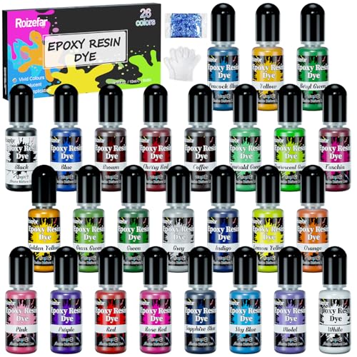 Epoxidharz farbe set, 26 Farben Epoxy resin flüssige farbe, Transluzente Resin Pigment flüssig für DIY, Epoxidharz resin farbe für Bastelarbeiten, Malen, Schmuckdesign, Farbe flüssig 10ml/Flasche von Roizefar