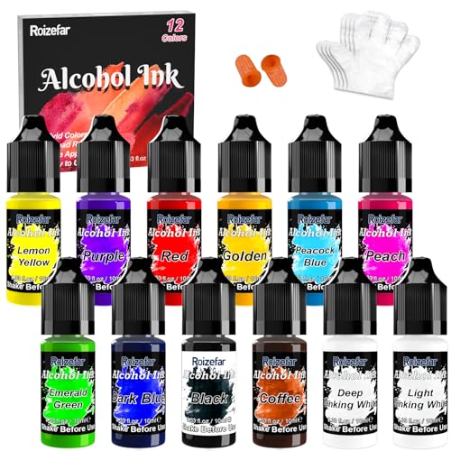 Roizefar Alkohol Tinten set – 12 Alcohol Ink Farben, Harzfarbe, konzentrierte, Tinte auf Alkoholbasis, Alcohol Ink Epoxidharz farbe für Untersetzer, Acrylmalerei, Becherherstellung, je 10 ml von Roizefar