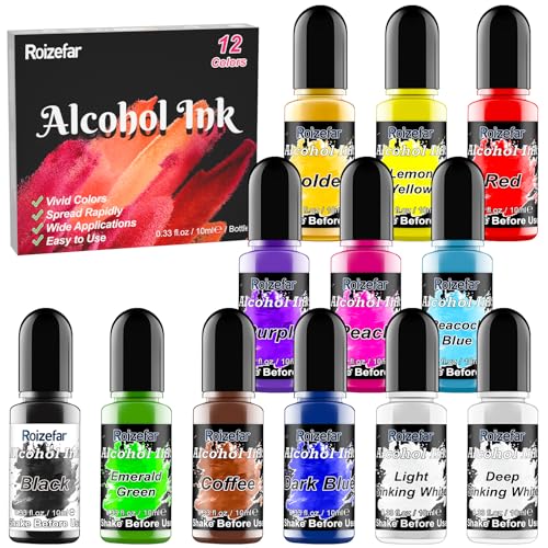 Roizefar Alkohol Tinten set – 12 Alcohol Ink Farben, Harzfarbe, konzentrierte, Tinte auf Alkoholbasis, Alcohol Ink Epoxidharz farbe für Untersetzer, Acrylmalerei, Becherherstellung, je 10 ml von Roizefar