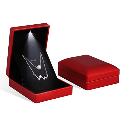Rolin Roly 2PCS Rot Anhänger Halskette Box mit LED-Licht Quadratform Box Geschenkboxen aus Samtschmuck Necklace Gift Box für Ohrringe Hochzeit Verlobun von Rolin Roly