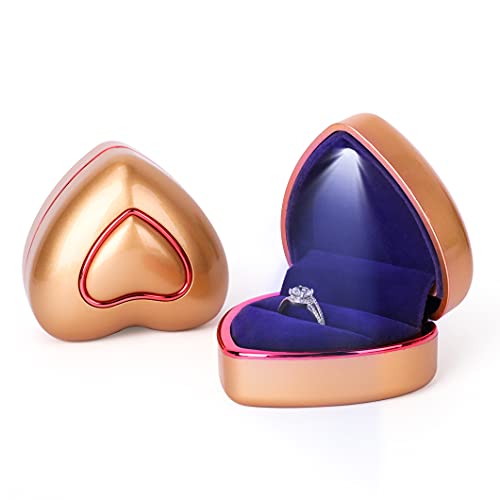 Rolin Roly Ring Box mit LED Licht Herzform Samt Ring Schachtel Velvet Geschenkbox FÜR Ring Schmuckschatullen Vorschlagen Ringkasten für Hochzeit Verlobungsring (Gold Heart Ring Box) von Rolin Roly