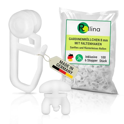Rollina Gardinenhaken 8mm | Gardinenröllchen für Schienen mit 4-6mm Innenlauf-Breite | Gardinengleiter in Standardgröße | Vorhanghaken (100 STK. und 6 Stopper) von Rollina