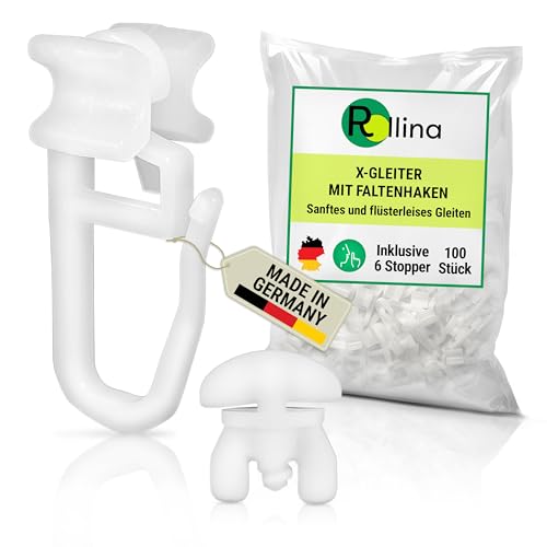 Rollina X-Gleiter (100 Stück) inkl. 6 Feststeller - Gardinenhaken für Schienen mit 6mm Innenlauf-Breite - Vorhanghaken - Gardinengleiter 10mm von Rollina