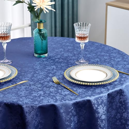 Romanstile Blaue Tischdecke rund 160 cm Wachstuch 350GSM Blumenmuster Tafelwäsche Table Cover wasserdicht Outdoor wetterfest deko für Gartentisch,Balkon,Winter,Beistelltisch,Esstisch,Party,Terasse von Romanstile