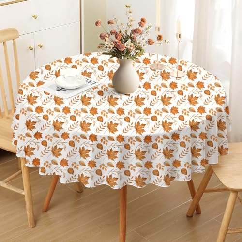 Romanstile Herbst Tischdecke Rund 140 cm Durchmesser Abwaschbar Tischdecken mit Orange Ahornblatt Läufer Modern Tischtuch Outdoor Wasserabweisende Tischwäsche Herbstdeko für Geburtstag Party Garten von Romanstile
