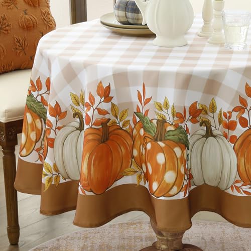 Romanstile Tischdecke Herbst Rund 140 cm Abwaschbar mit Kürbismuster Orange Tischdecken Karierte Wasserabweisende Tischwäsche Modern Klein Tischtuch Halloween für Outdoor Geburtstag Party Dekoration von Romanstile