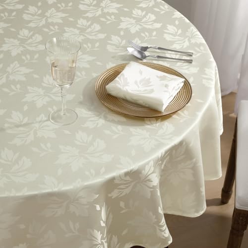 Romanstile Tischdecke rund 140 cm Creme Weihnachten abwaschbar Luxuriös Jacquard Blumen wasserabweisend Tischtuch Tafeltuch Table Cloth für Esstisch,Party,Weihnachtsdeko,Hochzeit,Küche,Garten,Winter von Romanstile