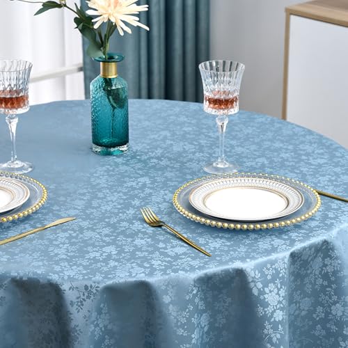 Romanstile Tischdecke rund 160 cm Wachstuch 350GSM Türkis Blau Blumen Tafelwäsche Table Cover wasserdicht Outdoor wetterfest deko für Gartentisch,Balkon,Frühling,Beistelltisch,Esstisch,Party,Draußen von Romanstile