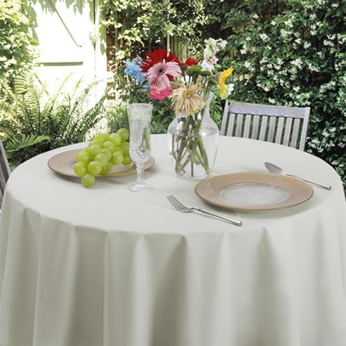 Romanstile Wachstuchtischdecke rund 120 cm Vinly mit Saum Leinenoptik PVC Tischdecken Wasserdicht wetterfest Table Cloth Table Cloth für Hochzeit,Balkon,Garten,Terrasse,Cafe,Outdoor,Elfenbeinweiß von Romanstile