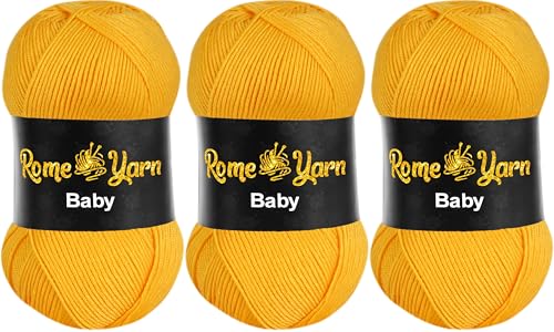 Baby Wolle (#3 DK) Leichtes Kammgarn Babygarn, Strickgarn Baby Best uni Babywolle, Antipilling Strickwolle Häkelwolle Acrylgarn zum Stricken und Häkeln (3 Knäuel, 154 Melonengelb) von Rome Yarn