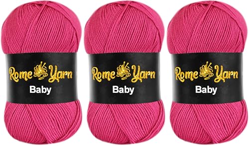 Baby Wolle (#3 DK) Leichtes Kammgarn Babygarn, Strickgarn Baby Best uni Babywolle, Antipilling Strickwolle Häkelwolle Acrylgarn zum Stricken und Häkeln (3 Knäuel, 245 Rosa) von Rome Yarn