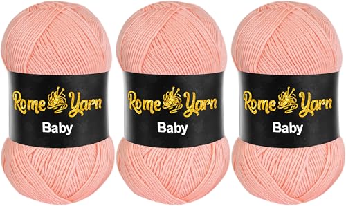 Baby Wolle (#3 DK) Leichtes Kammgarn Babygarn, Strickgarn Baby Best uni Babywolle, Antipilling Strickwolle Häkelwolle Acrylgarn zum Stricken und Häkeln (3 Knäuel, 253 Helllachs) von Rome Yarn