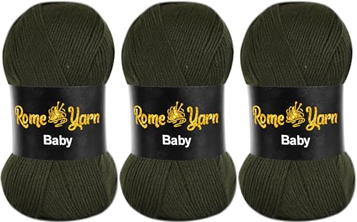 Baby Wolle (#3 DK) Leichtes Kammgarn Babygarn, Strickgarn Baby Best uni Babywolle, Antipilling Strickwolle Häkelwolle Acrylgarn zum Stricken und Häkeln (3 Knäuel, 478 Militärisches Dunkelgrün) von Rome Yarn