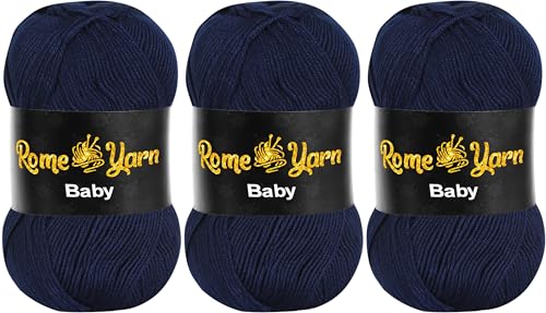 Baby Wolle (#3 DK) Leichtes Kammgarn Babygarn, Strickgarn Baby Best uni Babywolle, Antipilling Strickwolle Häkelwolle Acrylgarn zum Stricken und Häkeln (3 Knäuel, 636 Marineblau) von Rome Yarn