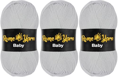 Baby Wolle (#3 DK) Leichtes Kammgarn Babygarn, Strickgarn Baby Best uni Babywolle, Antipilling Strickwolle Häkelwolle Acrylgarn zum Stricken und Häkeln (3 Knäuel, 992 Hellgrau) von Rome Yarn
