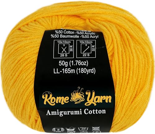 Rome Yarn Amigurumi Cotton Garn | #2 Fein Wolle | 50g | 50% Baumwolle, 50% Acryl | Strickwolle | Amigurumi Garn | Amigurumi Wolle | Babygarn für Stricken und Häkeln (1 Knäuel, 16 Bernstein) von Rome Yarn