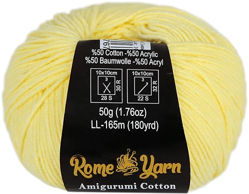 Rome Yarn Amigurumi Cotton Garn | #2 Fein Wolle | 50g | 50% Baumwolle, 50% Acryl | Strickwolle | Amigurumi Garn | Amigurumi Wolle | Babygarn für Stricken und Häkeln (1 Knäuel, 17 Hellgelb) von Rome Yarn