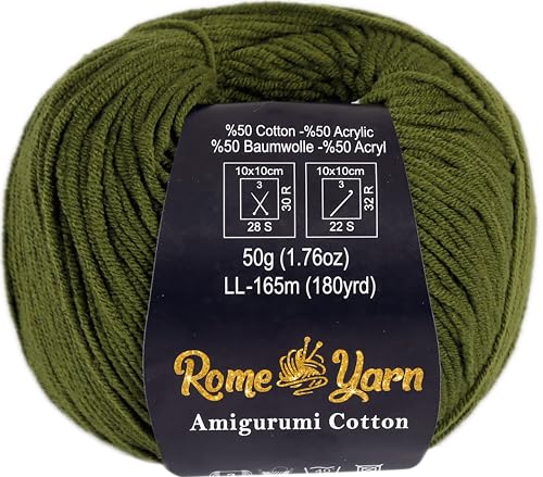 Rome Yarn Amigurumi Cotton Garn | #2 Fein Wolle | 50g | 50% Baumwolle, 50% Acryl | Strickwolle | Amigurumi Garn | Amigurumi Wolle | Babygarn für Stricken und Häkeln (1 Knäuel, 20 Khaki) von Rome Yarn