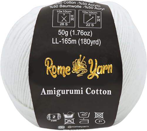 Rome Yarn Amigurumi Cotton Garn | #2 Fein Wolle | 50g | 50% Baumwolle, 50% Acryl | Strickwolle | Amigurumi Garn | Amigurumi Wolle | Babygarn für Stricken und Häkeln (1 Knäuel, 40 Wollweiß) von Rome Yarn