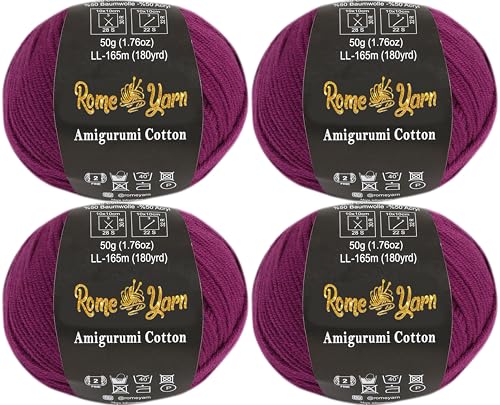 Rome Yarn Amigurumi Cotton Garn | #2 Fein Wolle | 50g | 50% Baumwolle, 50% Acryl | Strickwolle | Amigurumi Garn | Amigurumi Wolle | Babygarn für Stricken und Häkeln (4 Knäuel, 29 Dunkellila) von Rome Yarn