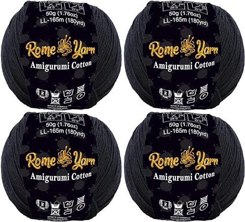 Rome Yarn Amigurumi Cotton Garn | #2 Fein Wolle | 50g | 50% Baumwolle, 50% Acryl | Strickwolle | Amigurumi Garn | Amigurumi Wolle | Babygarn für Stricken und Häkeln (4 Knäuel, 35 Schwarz) von Rome Yarn