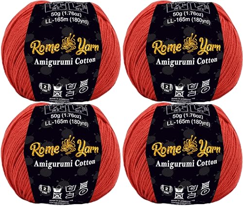 Rome Yarn Amigurumi Cotton Garn | #2 Fein Wolle | 50g | 50% Baumwolle, 50% Acryl | Strickwolle | Amigurumi Garn | Amigurumi Wolle | Babygarn für Stricken und Häkeln (4 Knäuel, 39 Rot) von Rome Yarn