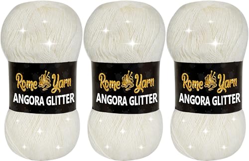 Rome Yarn Angora Glitter Garn | #2 Fine, Sport (USA), 4 ply (UK) | Metallic-Wolle | Glitzerndes Garn zum Stricken und Häkeln Simli Wolle (3 Knäuel, 13 Helles Creme) von Rome Yarn