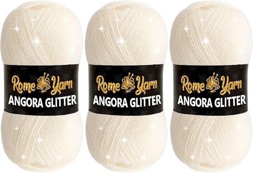 Rome Yarn Angora Glitter Garn | #2 Fine, Sport (USA), 4 ply (UK) | Metallic-Wolle | Glitzerndes Garn zum Stricken und Häkeln Simli Wolle (3 Knäuel, 25 Creme) von Rome Yarn