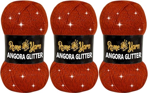 Rome Yarn Angora Glitter Garn | #2 Fine, Sport (USA), 4 ply (UK) | Metallic-Wolle | Glitzerndes Garn zum Stricken und Häkeln Simli Wolle (3 Knäuel, 263 Ziegelrot) von Rome Yarn