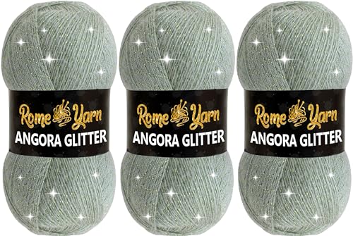 Rome Yarn Angora Glitter Garn | #2 Fine, Sport (USA), 4 ply (UK) | Metallic-Wolle | Glitzerndes Garn zum Stricken und Häkeln Simli Wolle (3 Knäuel, 427 Wassergrün) von Rome Yarn