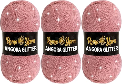 Rome Yarn Angora Glitter Garn | #2 Fine, Sport (USA), 4 ply (UK) | Metallic-Wolle | Glitzerndes Garn zum Stricken und Häkeln Simli Wolle (3 Knäuel, 778 Dunkelrosa) von Rome Yarn