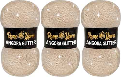 Rome Yarn Angora Glitter Garn | #2 Fine, Sport (USA), 4 ply (UK) | Metallic-Wolle | Glitzerndes Garn zum Stricken und Häkeln Simli Wolle (3 Knäuel, 845 Dunkles Creme) von Rome Yarn