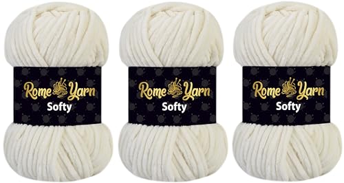 Rome Yarn Softy Velvet Wolle 100g - 120m | Samtgarn Chunky Chenillewolle Babywolle Amigurumi Super Bulky Garn zum Häkeln und Strickwolle Flauschgarn Velvet Garn (3 Knäuel, 910 Creme) von Rome Yarn