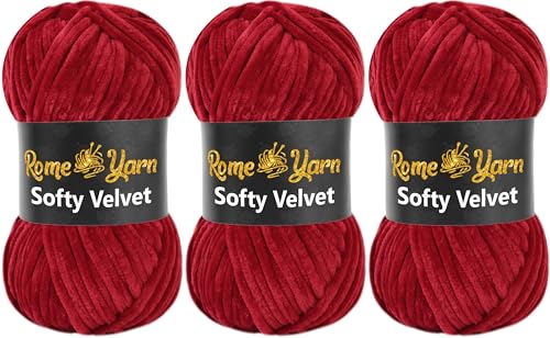 Rome Yarn Softy Velvet Wolle 100g - 120m | Samtgarn Chunky Chenillewolle Babywolle Amigurumi Super Bulky Garn zum Häkeln und Strickwolle Flauschgarn Velvet Garn (3 Knäuel, 912 Burgunderrot) von Rome Yarn
