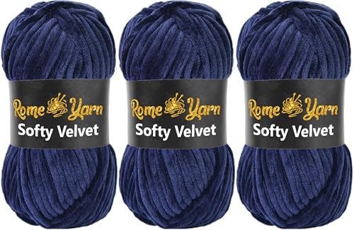 Rome Yarn Softy Velvet Wolle 100g - 120m | Samtgarn Chunky Chenillewolle Babywolle Amigurumi Super Bulky Garn zum Häkeln und Strickwolle Flauschgarn Velvet Garn (3 Knäuel, 917 Marineblau) von Rome Yarn