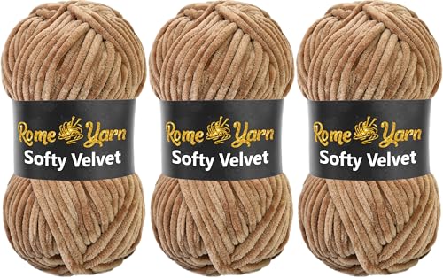 Rome Yarn Softy Velvet Wolle 100g - 120m | Samtgarn Chunky Chenillewolle Babywolle Amigurumi Super Bulky Garn zum Häkeln und Strickwolle Flauschgarn Velvet Garn (3 Knäuel, 922 Cremekaffee) von Rome Yarn