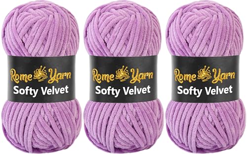 Rome Yarn Softy Velvet Wolle 100g - 120m | Samtgarn Chunky Chenillewolle Babywolle Amigurumi Super Bulky Garn zum Häkeln und Strickwolle Flauschgarn Velvet Garn (3 Knäuel, 941 Flieder) von Rome Yarn